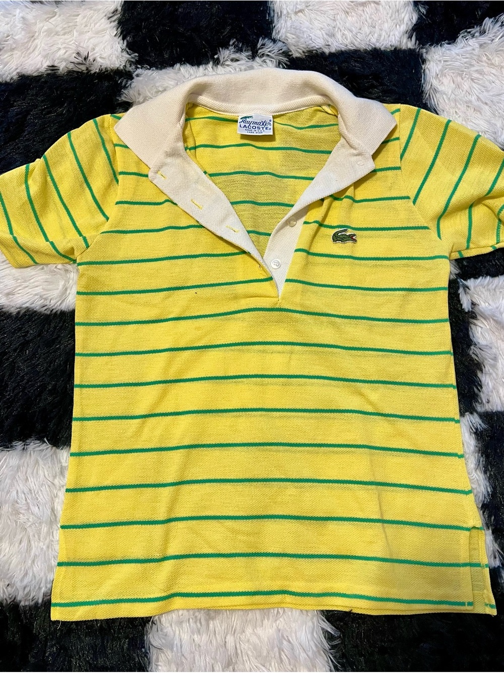 Vintage Lacoste Women's Yellow Polo with Green Stripes